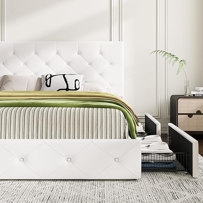 MUTICOR Queen Size Bed Frame with 4 Storage Drawers, Upholstered Platform Bed with Button Tufted Adjustable Headboard, No Box Spring Needed, Easy Assembly, Diamond Tufted, White Leather
