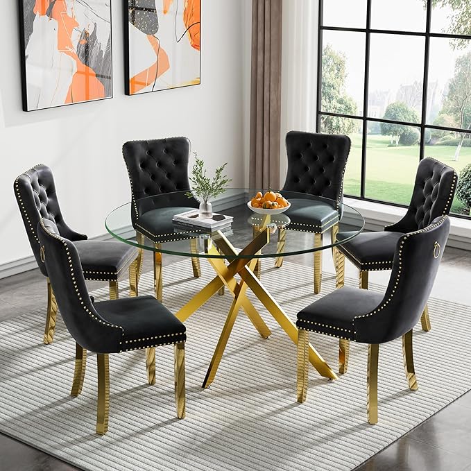 47.24" Round Glass Dining Room Table for 6 with Tempered Glass Top and Gold Metal Legs, Modern Clear Kitchen and Dinner Table for Home Office Dining Room