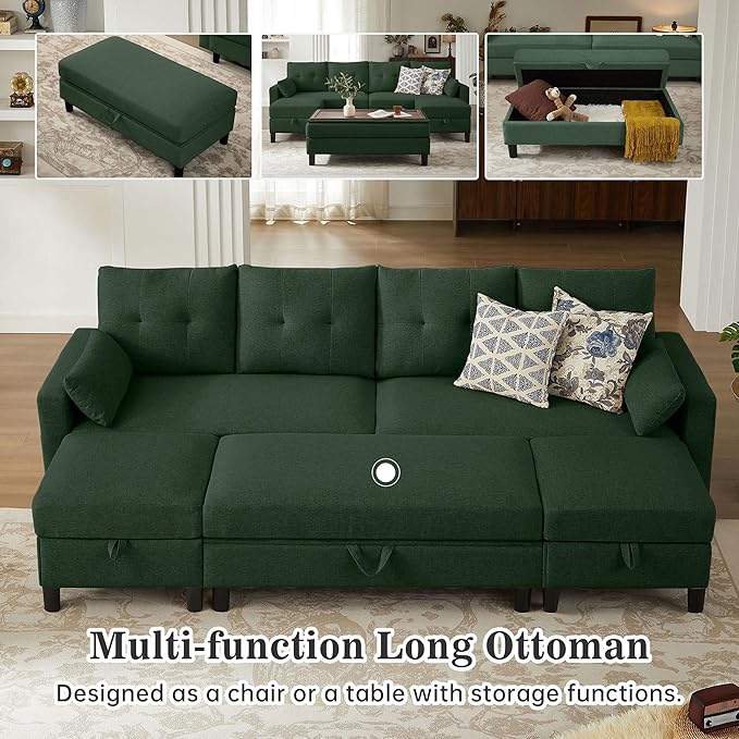 101" Convertible Sectional Sofa with Ottoman Coffee Table, Modern Linen Fabric U-Shaped Couch with Storage Pocket, 4 Seat Sofa Couches for Living Room, Apartment, Office, Green
