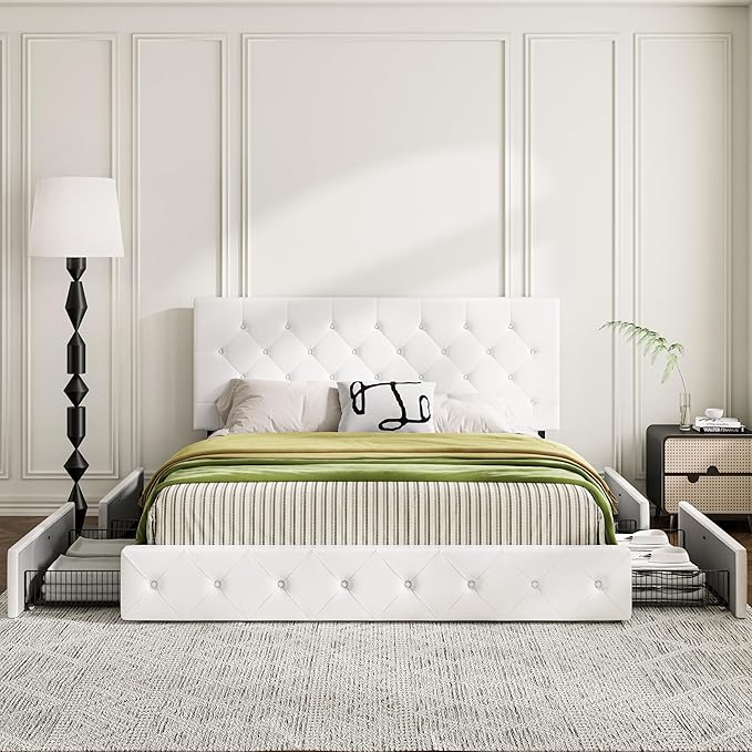 MUTICOR King Size Bed Frame with 4 Storage Drawers, Upholstered Platform Bed with Button Tufted Adjustable Headboard, No Box Spring Needed, Easy Assembly, Diamond Tufted, White Leather