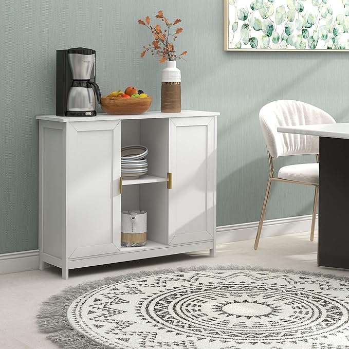 TaoHFE White Buffet Cabinet with Storage,Wooden Narrow Sideboard Entryway Cabinets,Modern White Cabinet with Doors Credenza