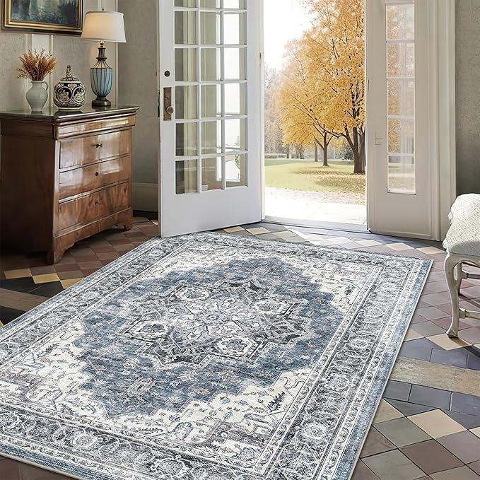 4x6 Area Rug for Bedroom Machine Washable Low Pile Vintage Distressed Rugs Stain Resistant Faux Wool Rug Ultra Soft Non-Slip Area Rugs for Living Room, Playroom, Kitchen,Home Office