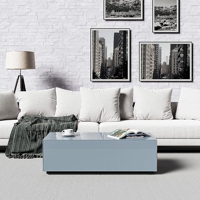 SONOROUS Premium Tempered Glass Coffee Table - Modern Gray Rectangular Coffee Tables for Living Room - High Gloss Fingerprint Resistant Mid Century Design - Stylish Living Room Furniture & Décor