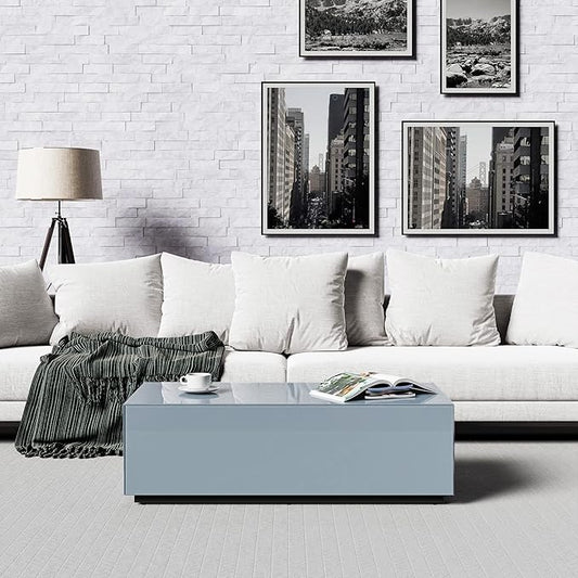 SONOROUS Premium Tempered Glass Coffee Table - Modern Gray Rectangular Coffee Tables for Living Room - High Gloss Fingerprint Resistant Mid Century Design - Stylish Living Room Furniture & Décor