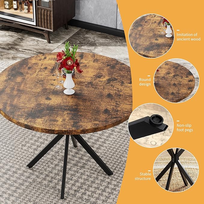 Round Dining Table: 39" Modern Brown Table with Black X Base for 4-5 People, Perfect for Small Spaces & Apartments