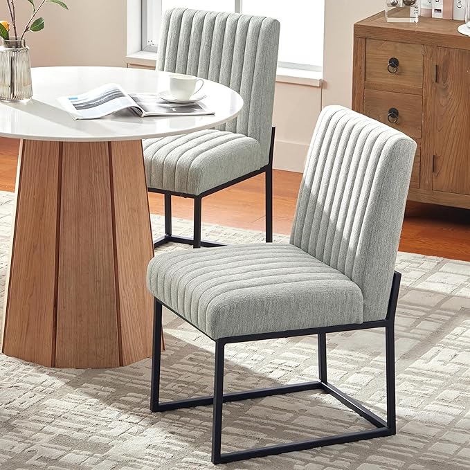 VKNOW Upholstered Dining Chairs, Modern Dining Room Chairs with Stripe, Linen Kitchen Chair Dinner Chair with Black Metal Base for Kitchen Office, Light Grey