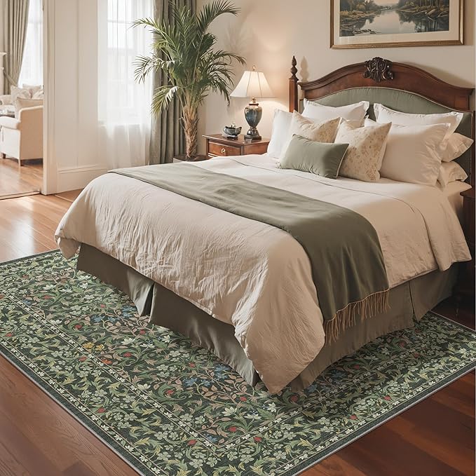 GENIMO 9x12 Washable Area Rug, Non-Slip Vintage Boho Floral Carpet, Soft Low-Pile Thin Large Living Room Rug for Bedroom, Dining Room, Nursery, Emerald Green