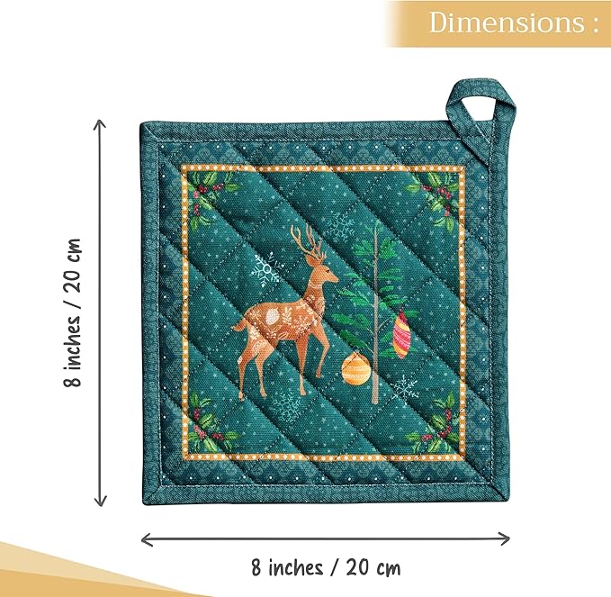 Maison d' Hermine Pot Holders Set 100% Cotton Heat Resistant Potholders 8" x 8" Hot Pads with Loop for Thanksgiving Christmas Decorations BBQ Baking Handling Hot Pans (Pack of 2, Hygge Christmas)
