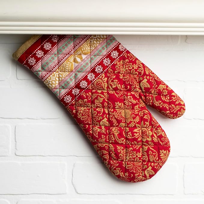 Maison d' Hermine Oven Gloves 100% Cotton Oven Mitt 7" x 13" with Loop Heat Resistant BBQ Cooking Gloves for Thanksgiving Christmas Decorations Baking Handling Hot Pans (Pack of 1, Sofia)