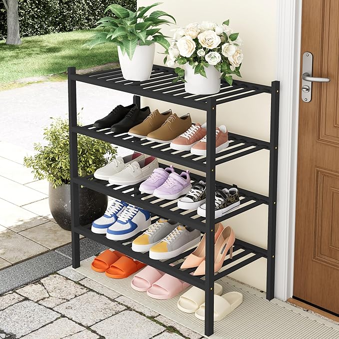Smiry Shoe Rack, 4 Tier Thick Bamboo Shoe Organizer, Stackable Free Standing Wooden Shoe Storage Shelf for Closet, Entryway, Front Door Entrance, Black