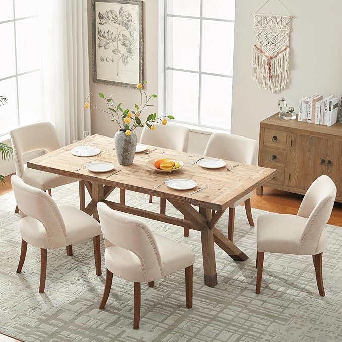 VKNOW Wooden Dining Chairs Set of 2, Modern Fabric Upholstered Dining Room Chair Kitchen Chairs, Farmhouse Dinner Chair for Kitchen Dining Room, Beige