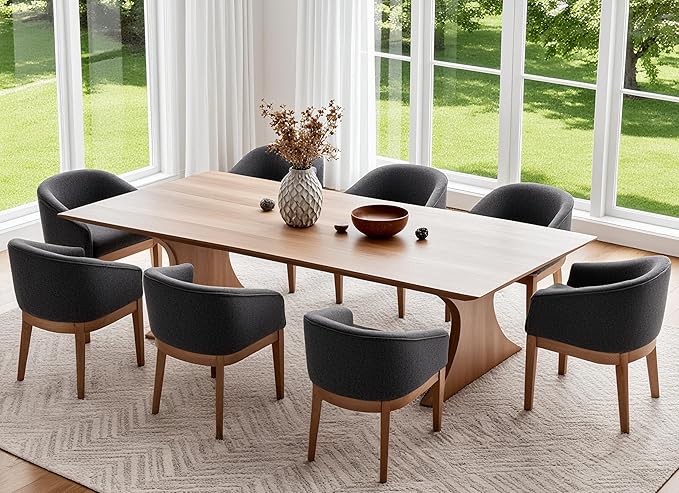 Mid-Century Modern Charcoal Dining Chairs Set of 8, Linen Upholstered Kitchen Dining Room Chairs with Wood Legs, Curved Backrest Armchairs, Charcoal