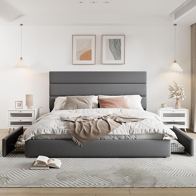 Allewie Modern King Size Platform Bed Frame with 4 Storage Drawers and Velvet Upholstered Headboard, Wooden Slats Support, Upholstered Mattress Foundation/No Box Spring Needed/Easy Assembly, Grey