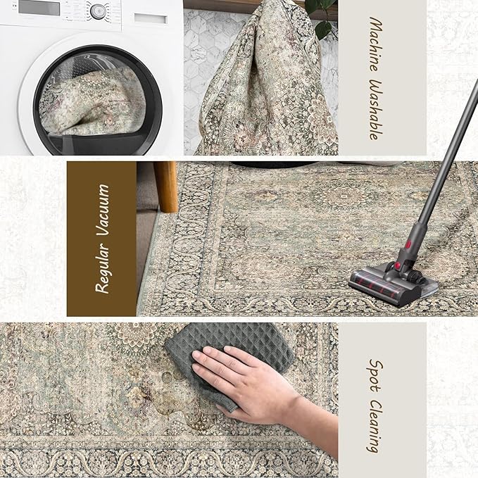 Area Rug 2x3 Distressed Small Entryway Rug Vintage Doormat Faux Wool Non-Slip Washable Low-Pile Floor Carpet for Indoor Front Entrance Kitchen Bathroom…