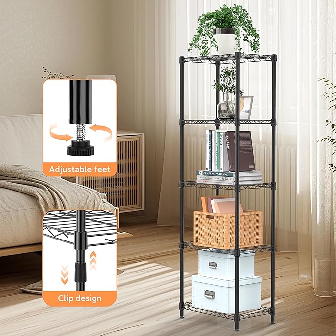 5 Tiers Shelf Metal Storage Shelves Wire Rack Closet Organizers with Wheel for Garage Kitchen Bathroom Laundry Black 11.8" D x 17.7" W x 55" H