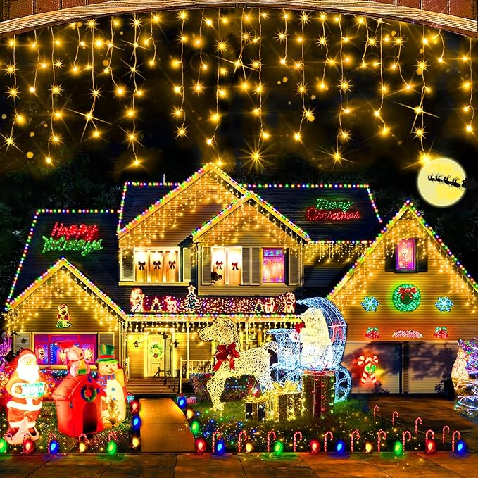 Hezbjiti Outdoor Christmas Lights, 400LED Ice Lights 33FT LED Fairy String Lights with 8 Modes and 75 Drops for Eaves, Party, Yard, Garden Decor（Warm White）