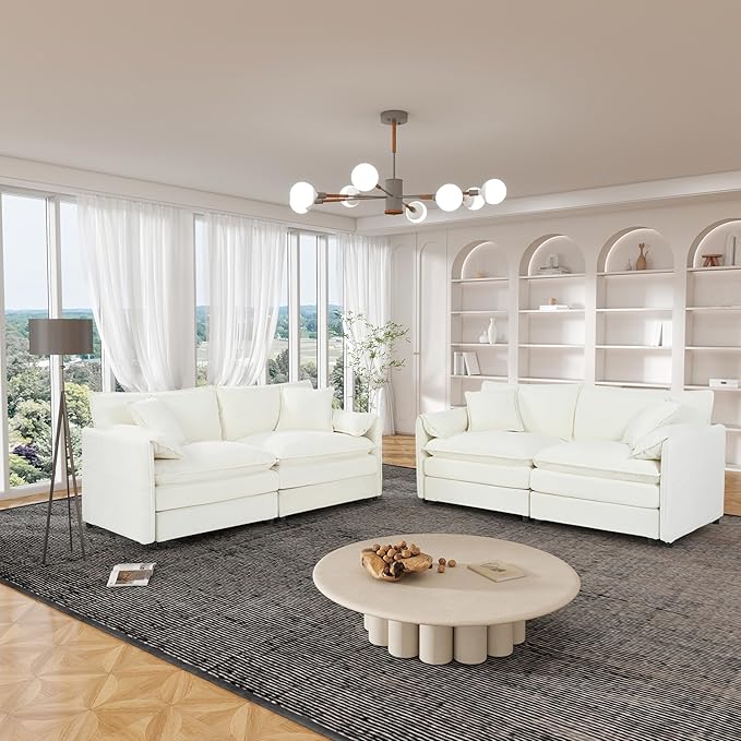 Chenille Sofa Set for Living Room, 2 Pieces Modern Deep Seat Oversized 3-Seater Cloud Couch for Bedroom, Office, Apartment, Furniture Set