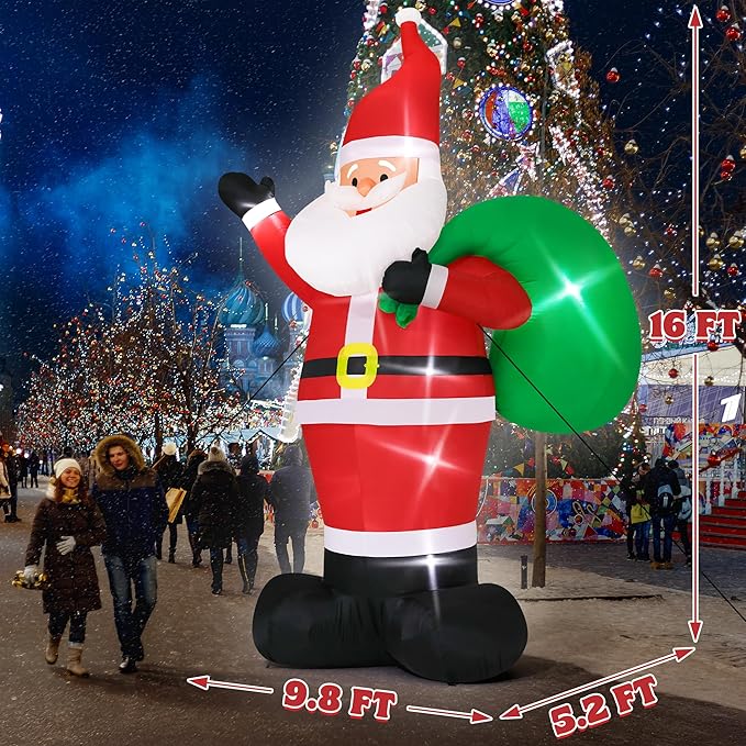 16FT Inflatable Christmas Santa, Giant Outdoor Santa Claus Blow Up Decorations with LED Lights, Waterproof Holiday Yard Decoration for Lawn, Garden, Xmas Party (16H x 9.8W x 5.2D ft)