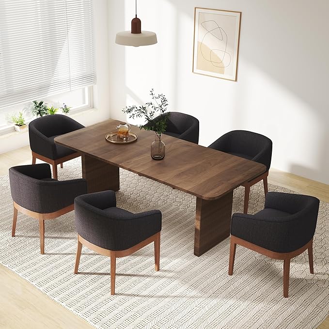 Mid-Century Modern Charcoal Dining Chairs Set of 6, Linen Upholstered Kitchen Dining Room Chairs with Wood Legs, Curved Backrest Armchairs, Charcoal