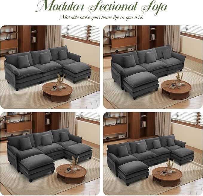 Modular Sectional Sofa, Comfy Cloud Couch with Movable Ottoman, Deep Seat Couches for Living Room, Bedroom and Apartment, 106" L Shaped Modern Sofa with Pillows, Grey