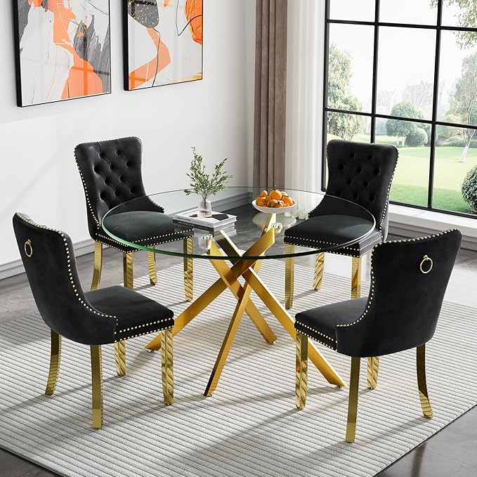 47.24" Round Glass Dining Room Table for 6 with Tempered Glass Top and Gold Metal Legs, Modern Clear Kitchen and Dinner Table for Home Office Dining Room