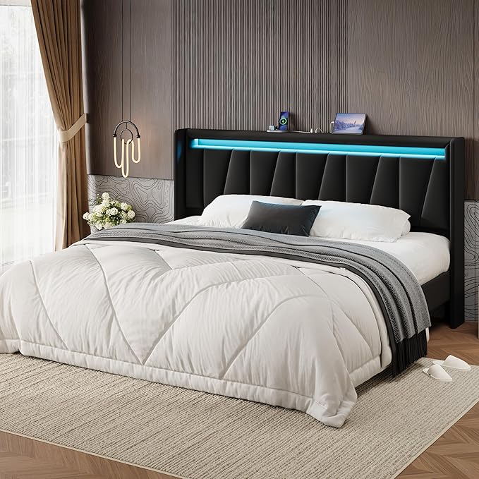 SHA CERLIN King Size Bed Frame with Charging Station and LED Lights, Modern Velvet Platform Bed with Upholstered Geometric Wingback Headboard, No Box Spring Needed, Easy Assembly, Black