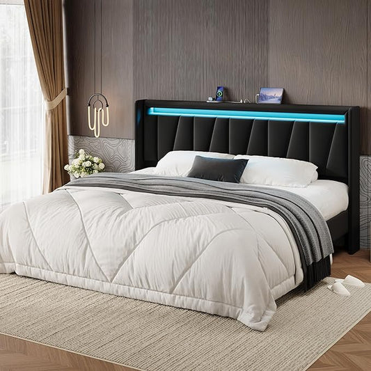 SHA CERLIN King Size Bed Frame with Charging Station and LED Lights, Modern Velvet Platform Bed with Upholstered Geometric Wingback Headboard, No Box Spring Needed, Easy Assembly, Black