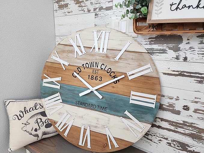 30" Wooden Multi-Color Maritime Coastal Beach Large Roman Wall Clock (Blue, 30 inch)