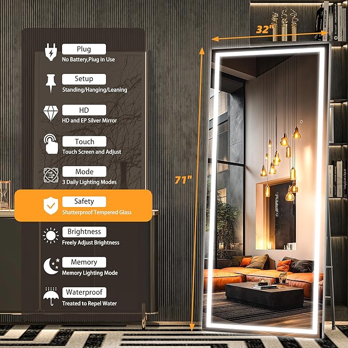 Hasipu Full Length Mirror with Lights, 71" x 32" LED Lighted Floor Standing, Full Body Dressing Hanging Mounted Mirror, Dimmable, Tempered Glass, Safe to Use, Square Black