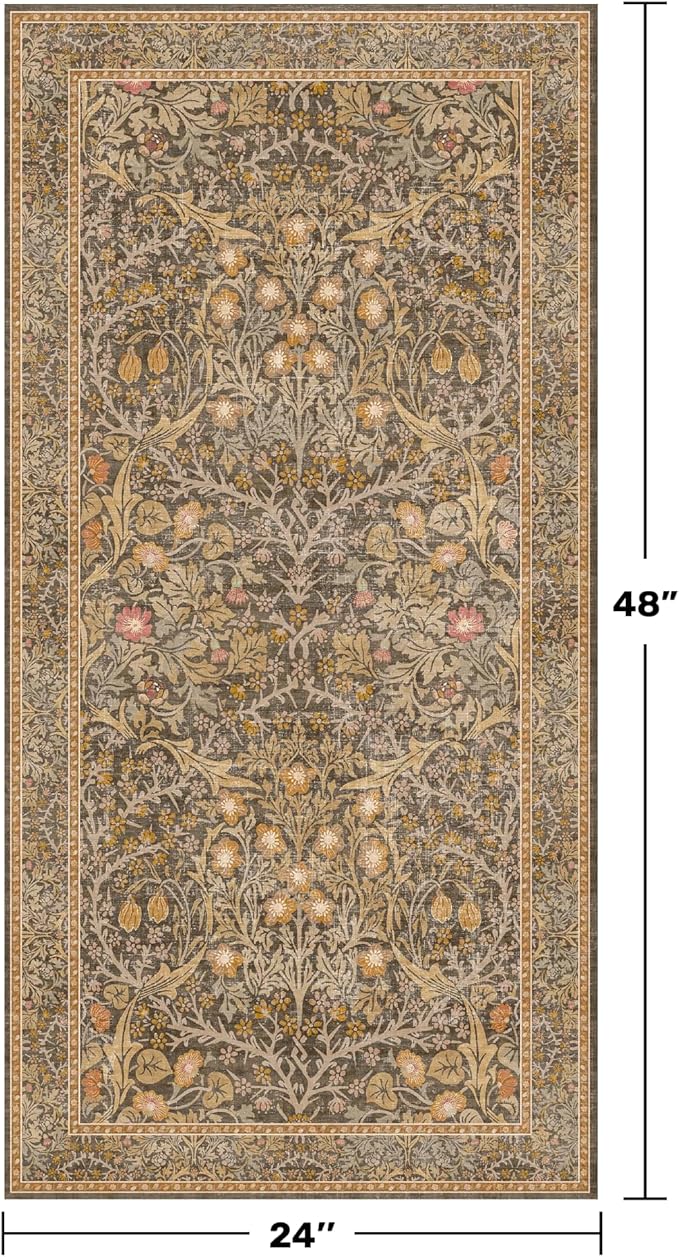 Brown Washable 2x4 Entry Rug - Front Door Rugs Indoor, Vintage Floral Style Small Rug for Kitchen, Bathroom, Non-Slip Boho Gold Entryway Décor