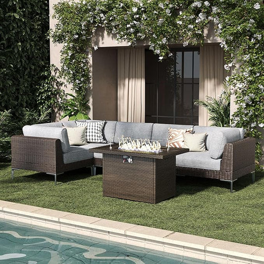LayinSun 6-Piece Outdoor Modular Wicker Sectional Sofa with Fire Pit Table, Patio Furniture Conversation Set with Deep Seating and Thick Cushions