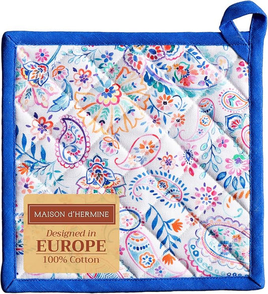 Maison d' Hermine Pot Holders 100% Cotton Heat Resistant Potholders 8" x 8" Hot Pads with Loop BBQ, Cooking, Baking, Grilling, Kitchen, Handling Hot Pans Spring/Summer (Pack of 1, Indian Floral)