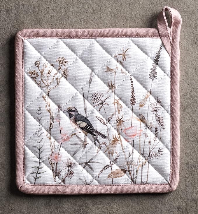 Maison d' Hermine Pot Holders 100% Cotton Heat Resistant Potholders 8" x 8" Hot Pads with Loop BBQ, Cooking, Grilling, Kitchen, Handling Hot Pans Spring/Summer (Pack of 1, Meadow Florals - Brown)