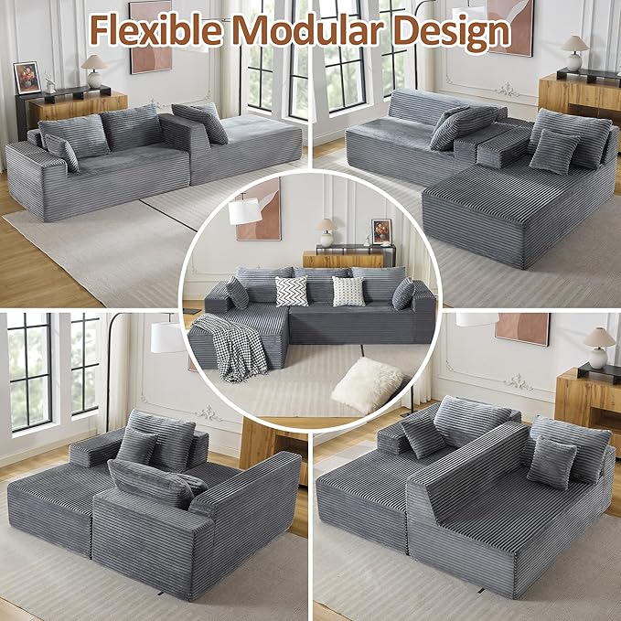 110" Boneless Sectional Couch with Chaise Lounge, Cloud Couch Compressed Sofa L Shape, No Assembly Memory Foam Sofa for Living Room, Grey Corduroy