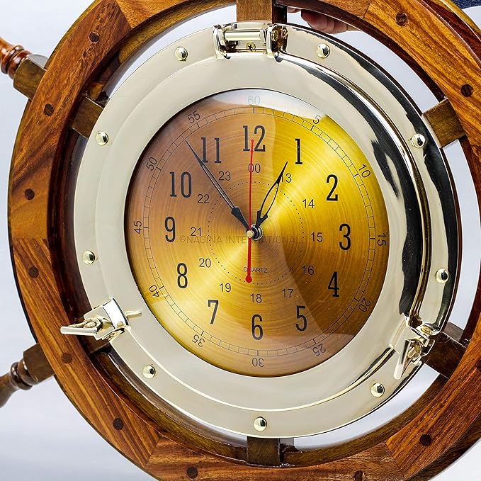 Nagina International 24" Exclusive Pirate's Nautical Ship's Steering Wheel Styled Porthole Clock | Lavish Wall Decor Gifts & Collectible