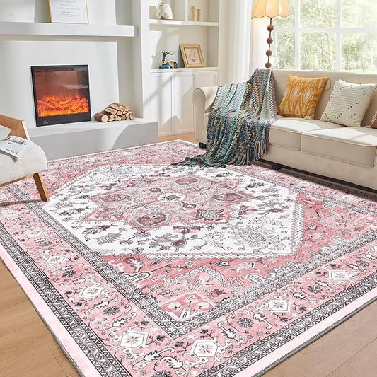 OPPODREAM Thin 8x10 Area Rugs, Washable Rugs 8x10 with Non Slip Backing, Faux Cashmere Low-Pile 8 x 10 Carpet, Pink & Cream
