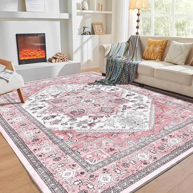 OPPODREAM Thin Area Rugs 3x5, Washable Rugs with Non Slip Backing, Low-Pile Throw 3x5 Carpet, Faux Cashmere 3 x 5 Carpet, Pink & Cream