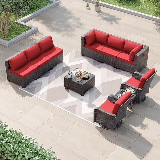 Kurapika 10 Pieces Patio Furniture Set, Rattan Wicker Sofa Set, Outdoor Conversation Sets w/Swivel Rocking Chairs Patio Sectional Sofa w/4 Inch Cushion, Red