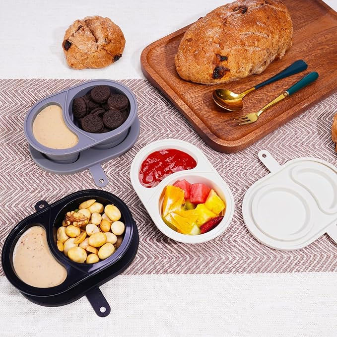 NiHome 3-Pack Reusable Dual-Compartment Silicone Snack Containers with Lids, Safe for Baby Food, Leak-Proof & Easy-Clean for Dips, Sauces, Travel, Microwave & Dishwasher Safe (Cream, Gray, Black)