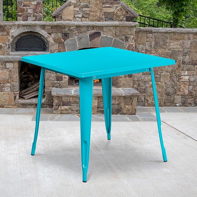 EMMA + OLIVER Commercial Grade 31.5" Square Teal-Blue Metal Indoor-Outdoor Table