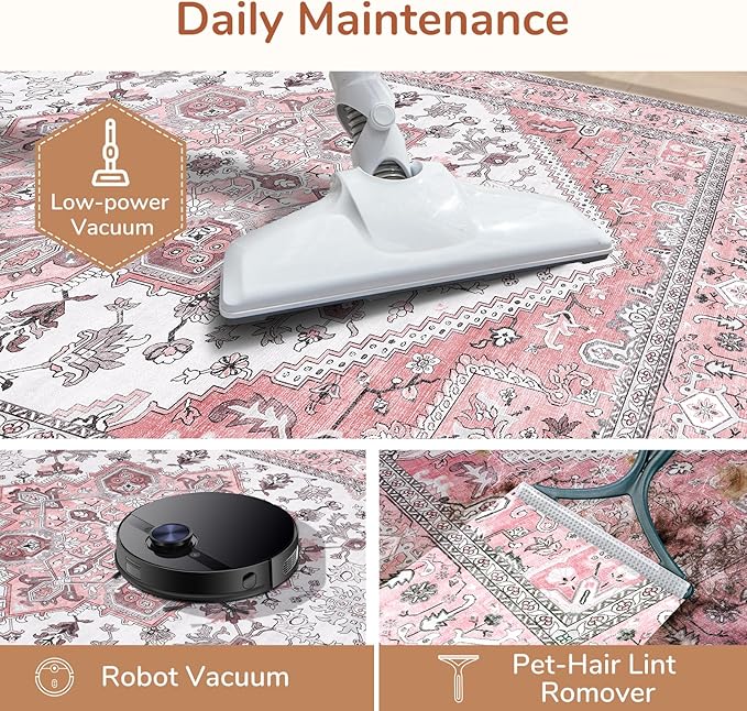 OPPODREAM Thin Area Rugs 5x7, 5x7 Washable Rug with Non Slip Backing, 5 x 7 Faux Cashmere Low-Pile Carpet, Pink & Cream