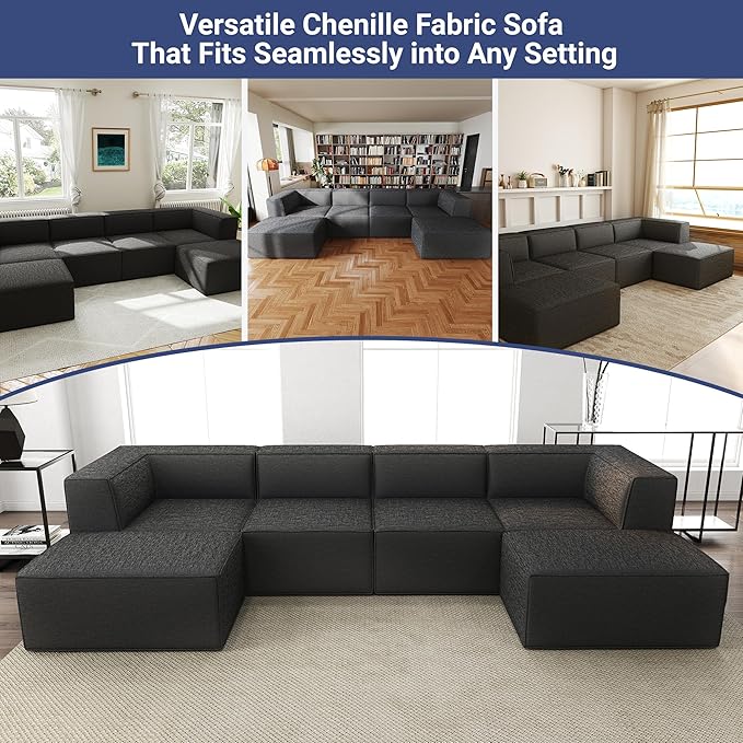 136" 6-Piece Sectional Sofa Modular Couches,L-U-Shaped with Chaise,for Living Room,Compressed Foam No Assembly,for Living Room (2xArmless Corner Ottoman) Fabric Chenille Dark Grey
