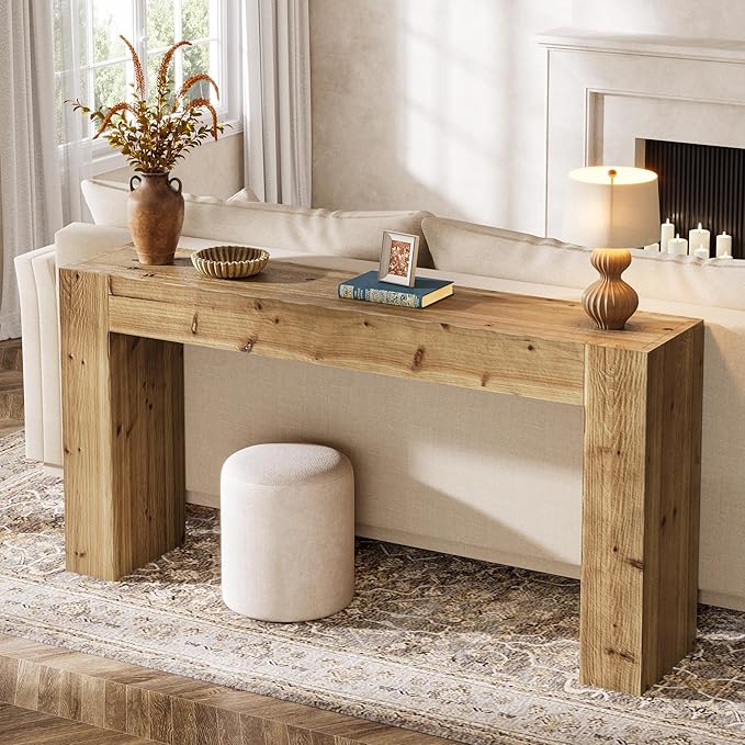 Solid Wood Console Table, 63-Inch Farmhouse Sofa Table Behind Couch for Entryway, Living Room, Foyer, Easy Assembly (Light Wood)