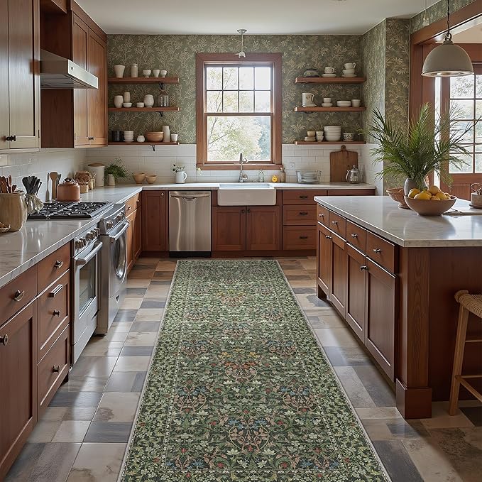 GENIMO Floral Washable Runner Rug 2’6”x7’, Non-Slip Long Hallway Carpet for Entryway, Kitchen, Indoor Floor Use, Vintage Boho Soft Thin Rug Décor, Emerald Green