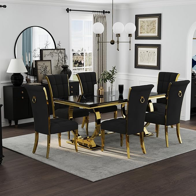 Asday Black and Gold Dining Table, 72 inch Luxury Dining Room Table with Gold Stainless Steel Metal U-Base for 4-8