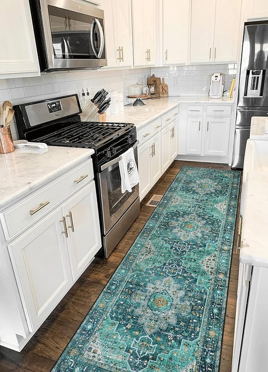 Moynesa Ultra-Thin Washable Runner Rug - 2'6" x 10' Teal Runners for Hallways Stair Carpet Runner, Oriental Non Skid Non Shedding Low Pile Kitchen Mat for Bedroom Mudroom Hardwood Floor