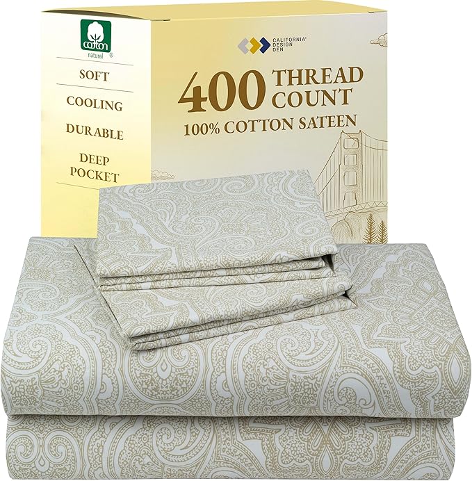 California Design Den Full Size Bed Sheets Set - 400 Thread Count Sateen, Natural 100% Cotton Sheets, Deep Pocket Cooling and Durable Bedding - Paisley Pattern, Beige