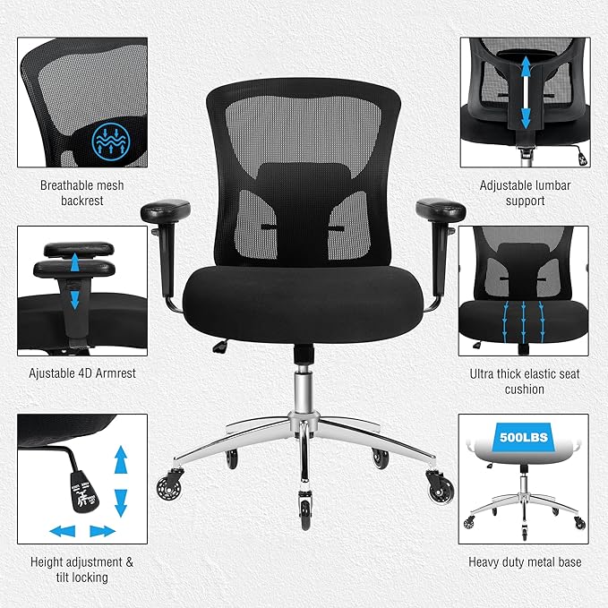 Bigroof Big and Tall Office Chair 600lbs, Heavy Duty Ergonomic Mesh Chair, Computer Executive Desk Chair with Wide Thick Seat, Adjustable Armrests, Lumbar Support