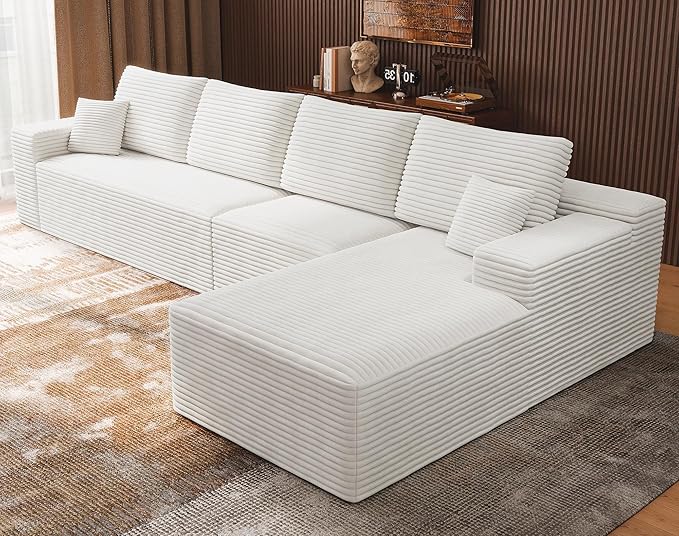 3-Piece Boneless Modular Sectional Sofa, Cloud Couch with Right Facing Chaise, Oversized Deep Seat, Soft Corduroy Fabric, Sectional Couch for Living Room-White