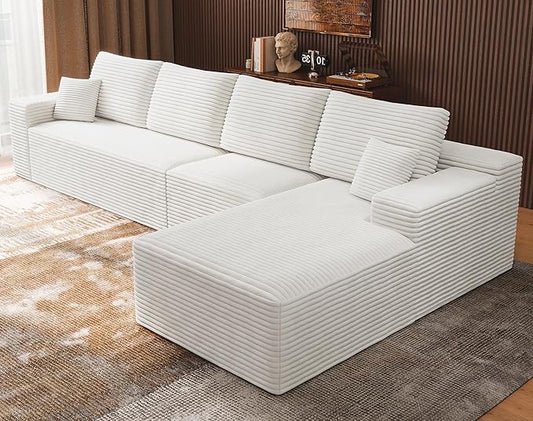 3-Piece Boneless Modular Sectional Sofa, Cloud Couch with Right Facing Chaise, Oversized Deep Seat, Soft Corduroy Fabric, Sectional Couch for Living Room-White